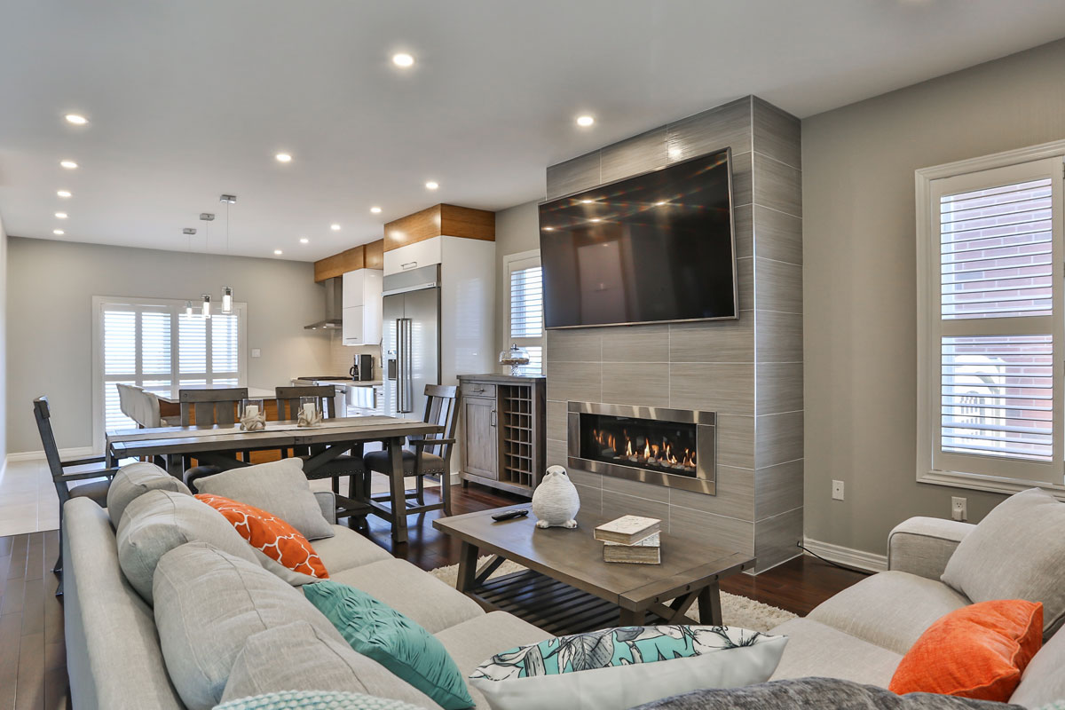 Modern open concept main floor kitchen and living room design Barrie Ontario