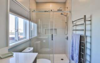 glass shower door and heated towel rack